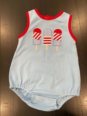 Baby Blue Popsicle Appliqué One-Piece Romper - Red Trim